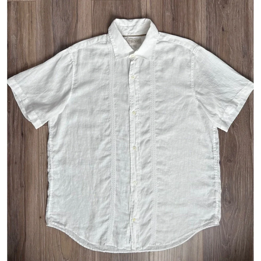 Banana Republic Mens White 100% Linen Pintuck Guayabera Shirt Large Short Sleeve